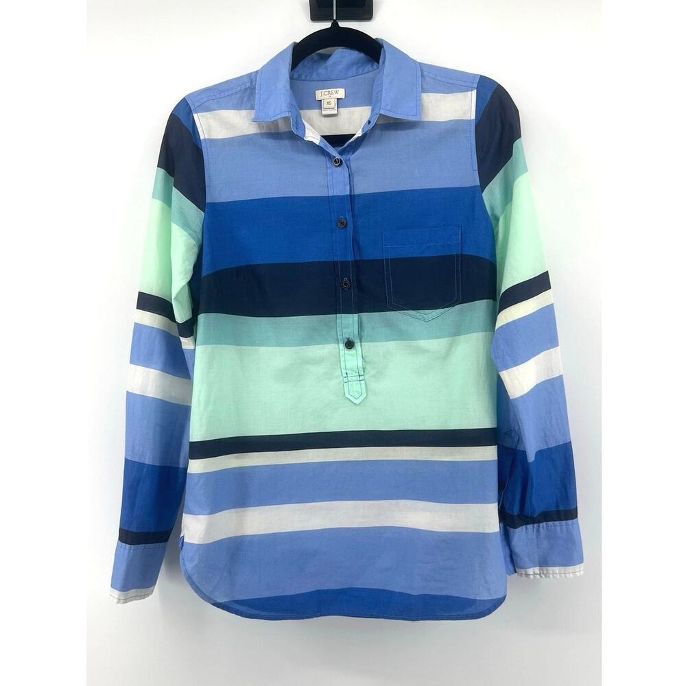 J.Crew Women's Popover Half Button Up Shirt Size XS Blue Striped Nautical Beachy